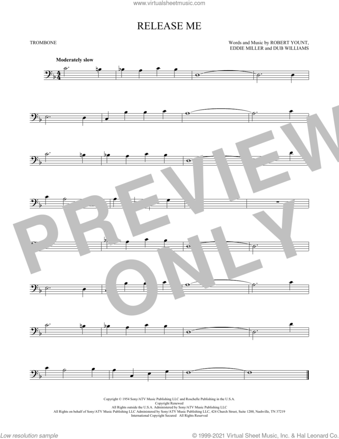 Release Me sheet music for trombone solo by Engelbert Humperdinck, Dub Williams, Eddie Miller and Robert Yount, intermediate skill level