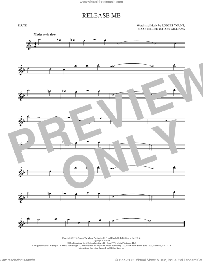 Release Me sheet music for flute solo by Engelbert Humperdinck, Dub Williams, Eddie Miller and Robert Yount, intermediate skill level