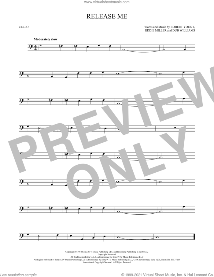 Release Me sheet music for cello solo by Engelbert Humperdinck, Dub Williams, Eddie Miller and Robert Yount, intermediate skill level