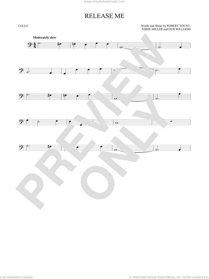 Release Me sheet music for cello solo by Engelbert Humperdinck, Dub Williams, Eddie Miller and Robert Yount, intermediate skill level