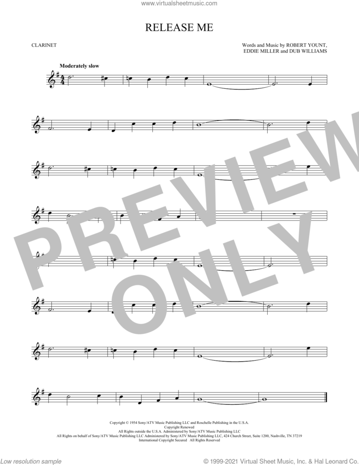 Release Me sheet music for clarinet solo by Engelbert Humperdinck, Dub Williams, Eddie Miller and Robert Yount, intermediate skill level