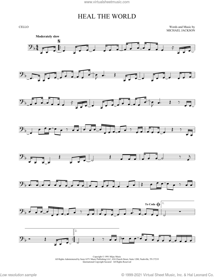 Heal The World sheet music for cello solo by Michael Jackson, intermediate skill level