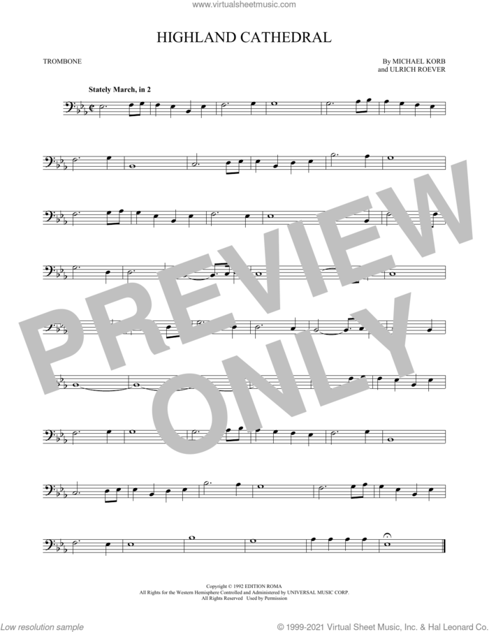 Highland Cathedral sheet music for trombone solo by Michael Korb and Ulrich Roever, intermediate skill level
