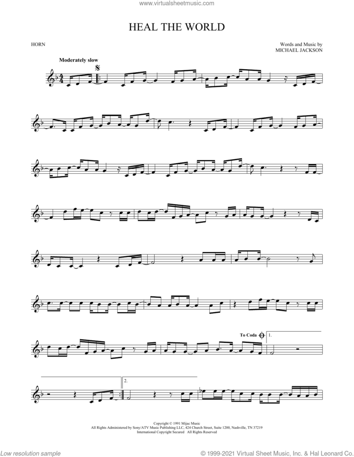 Heal The World sheet music for horn solo by Michael Jackson, intermediate skill level