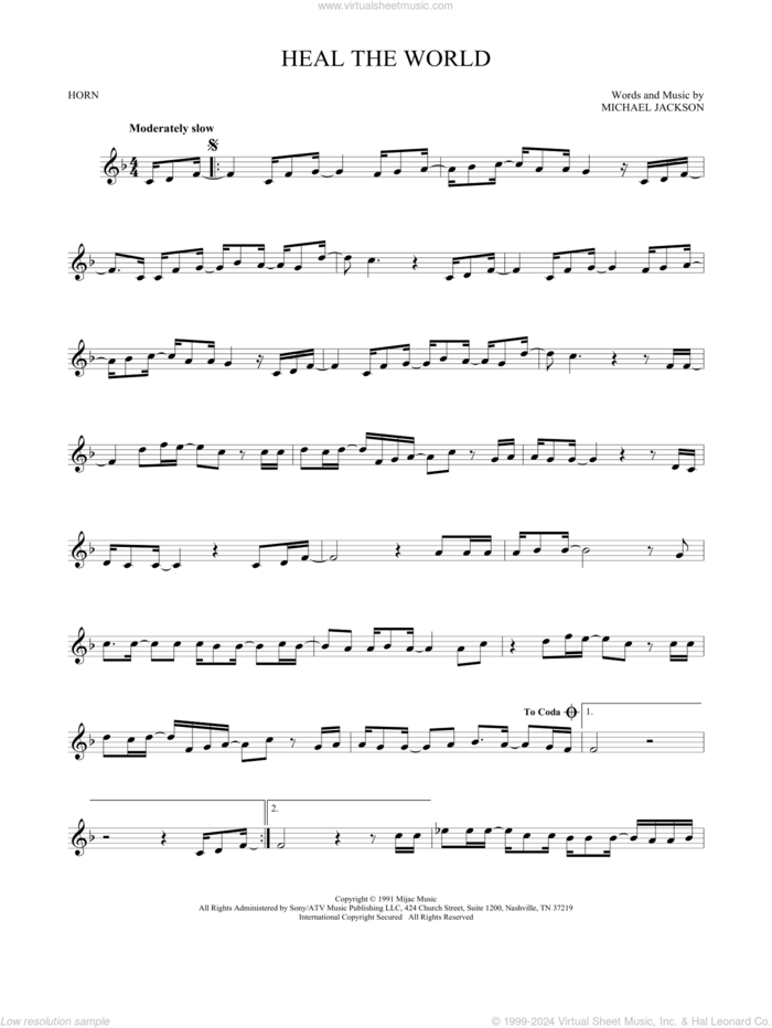 Heal The World sheet music for horn solo by Michael Jackson, intermediate skill level