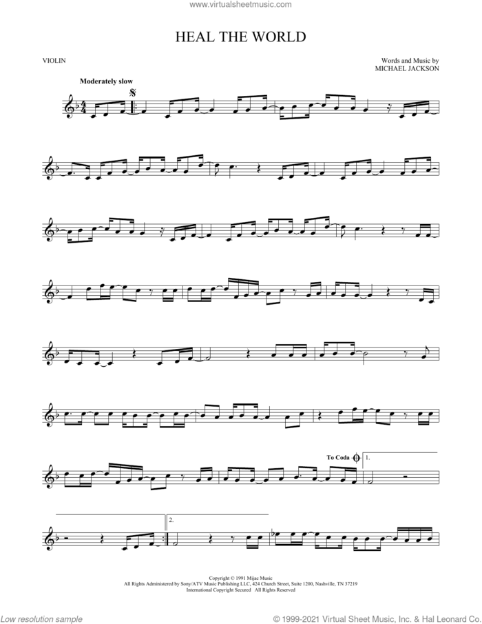Heal The World sheet music for violin solo by Michael Jackson, intermediate skill level