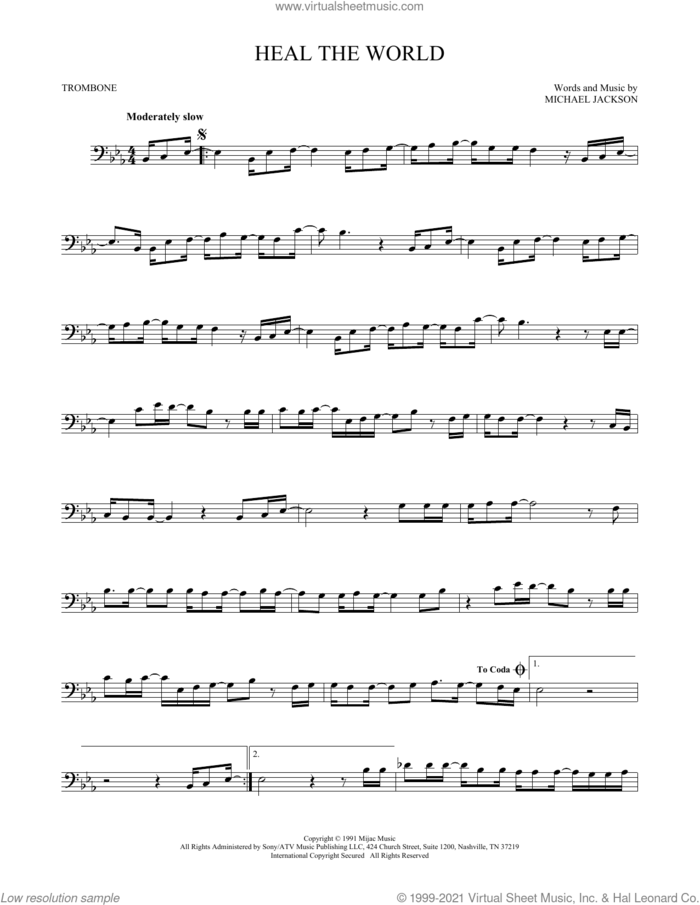 Heal The World sheet music for trombone solo by Michael Jackson, intermediate skill level