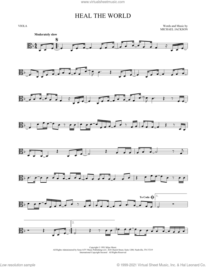 Heal The World sheet music for viola solo by Michael Jackson, intermediate skill level