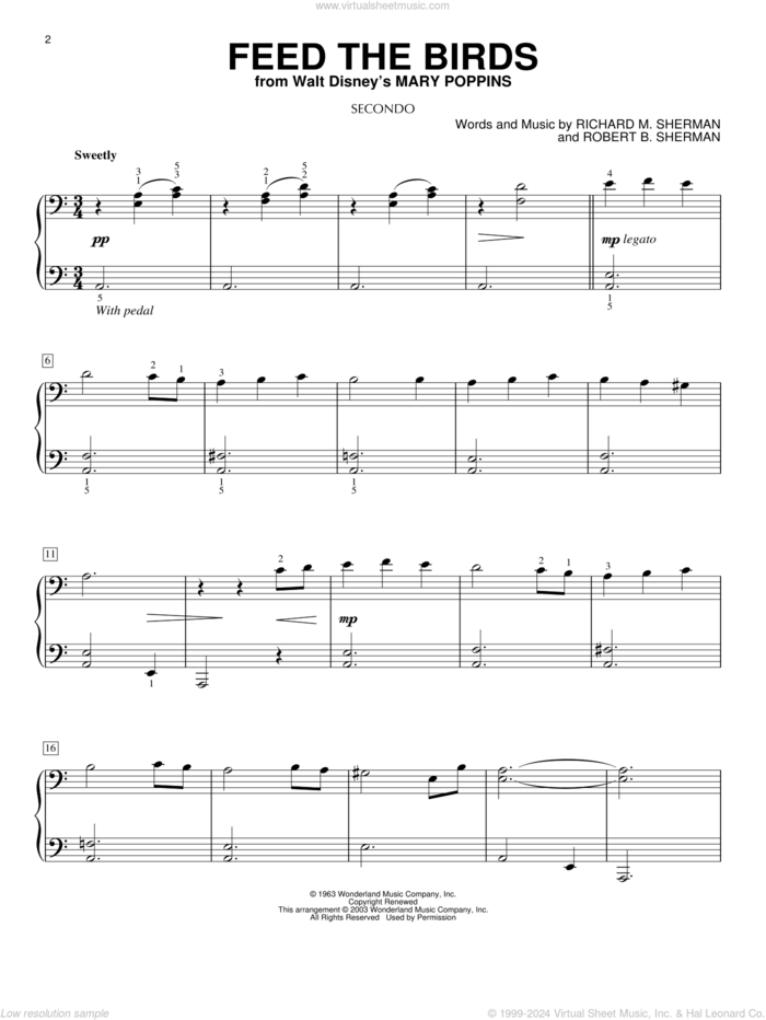 Feed The Birds (Tuppence A Bag) (from Mary Poppins) sheet music for piano four hands by Sherman Brothers, Richard M. Sherman and Robert B. Sherman, intermediate skill level