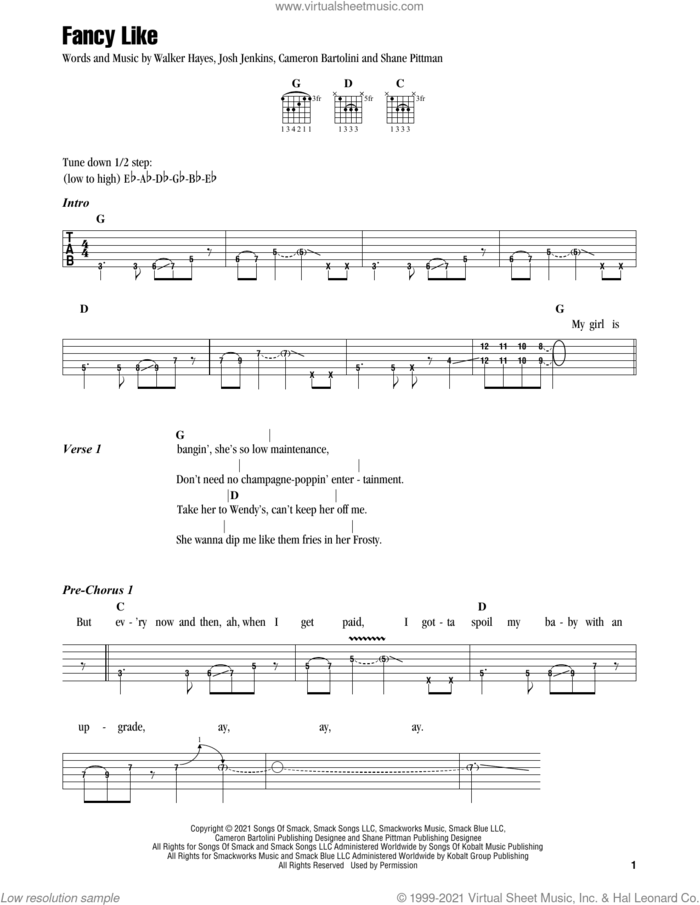 Fancy Like sheet music for guitar (chords) by Walker Hayes, Cameron Bartolini, Josh Jenkins and Shane Pittman, intermediate skill level