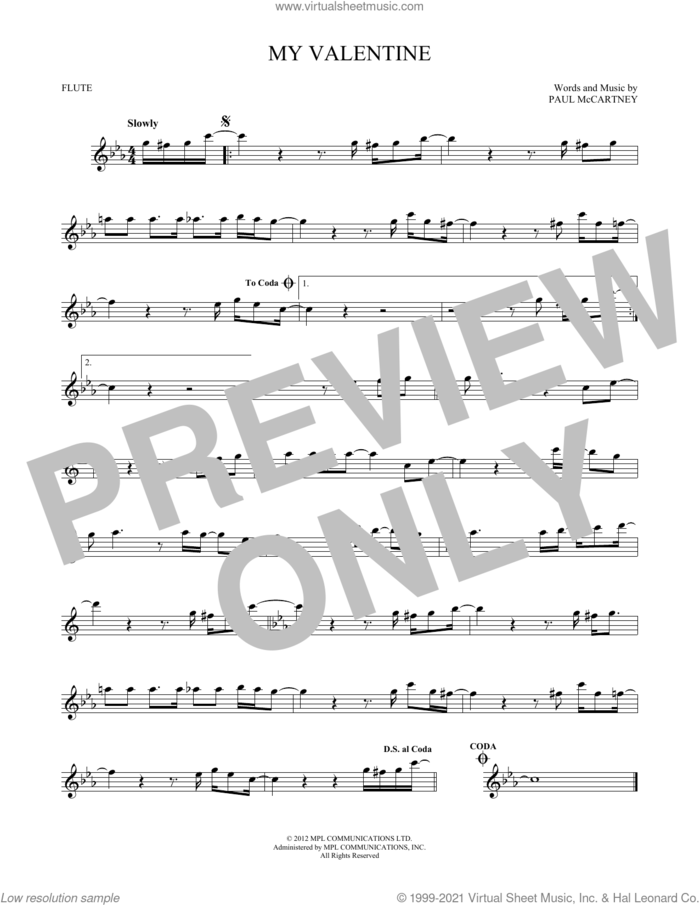 My Valentine sheet music for flute solo by Paul McCartney, wedding score, intermediate skill level
