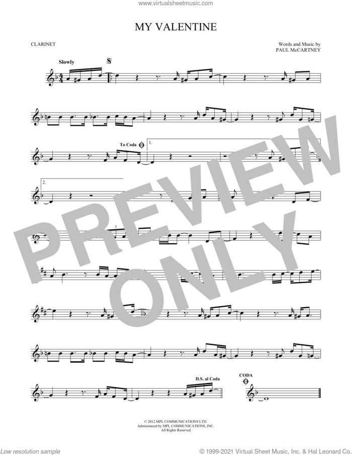 My Valentine sheet music for clarinet solo by Paul McCartney, wedding score, intermediate skill level