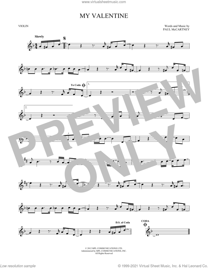 My Valentine sheet music for violin solo by Paul McCartney, wedding score, intermediate skill level