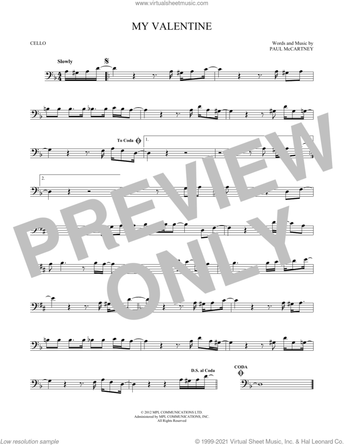 My Valentine sheet music for cello solo by Paul McCartney, wedding score, intermediate skill level