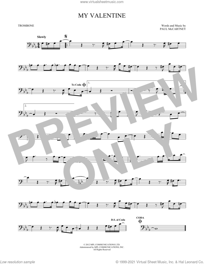 My Valentine sheet music for trombone solo by Paul McCartney, wedding score, intermediate skill level