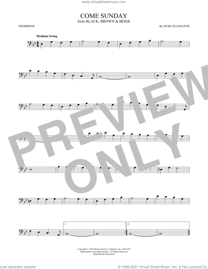 Come Sunday sheet music for trombone solo by Duke Ellington, intermediate skill level