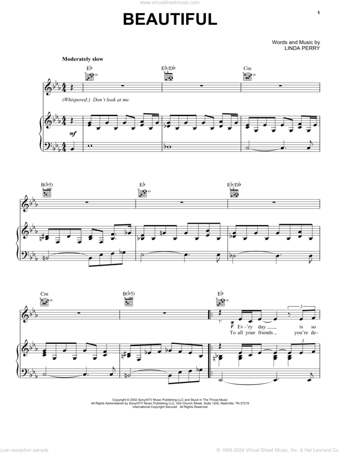 Beautiful sheet music for voice, piano or guitar by Christina Aguilera, Miscellaneous and Linda Perry, intermediate skill level