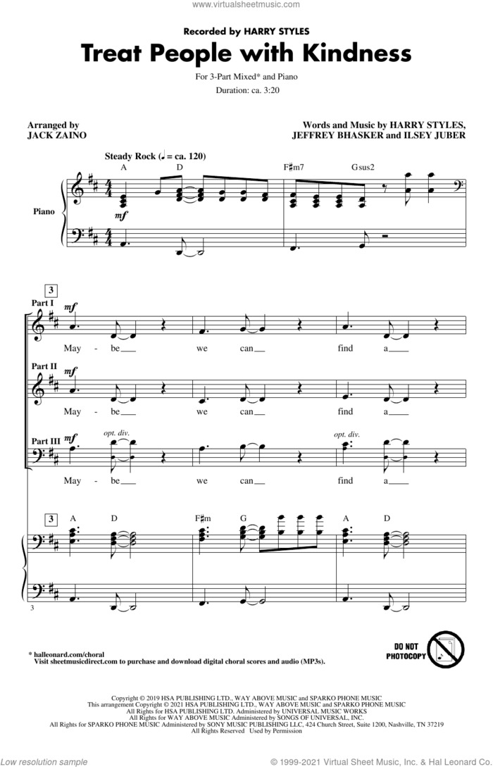Treat People With Kindness (arr. Jack Zaino) sheet music for choir (3-Part Mixed) by Harry Styles, Jack Zaino, Ilsey Juber and Jeffrey Bhasker, intermediate skill level