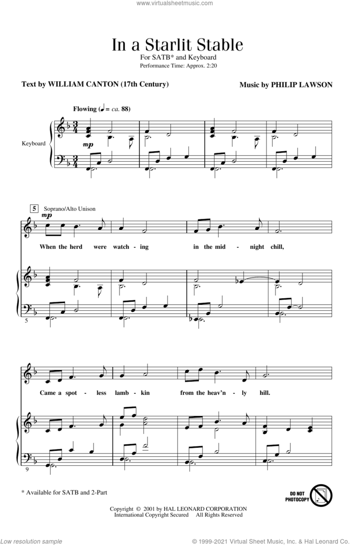 In A Starlit Stable sheet music for choir (SATB: soprano, alto, tenor, bass) by Philip Lawson and William Canton, intermediate skill level