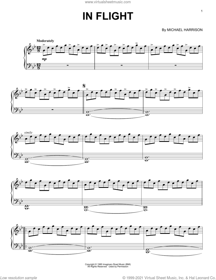 In Flight sheet music for piano solo by Michael Harrison, classical score, intermediate skill level