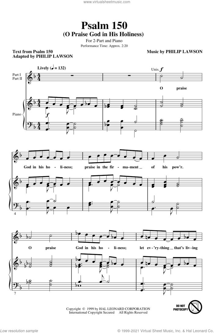 Psalm 150 (O Praise God in His Holiness) sheet music for choir (2-Part) by Philip Lawson and Psalm 150, intermediate duet