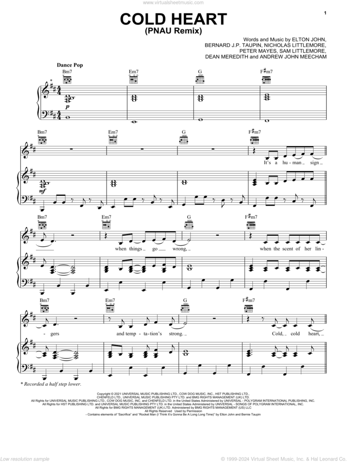 Cold Heart (PNAU Remix) sheet music for voice, piano or guitar by Elton John & Dua Lipa, Bernie Taupin, Elton John, Nicholas Littlemore, Peter Mayes and Sam Littlemore, intermediate skill level