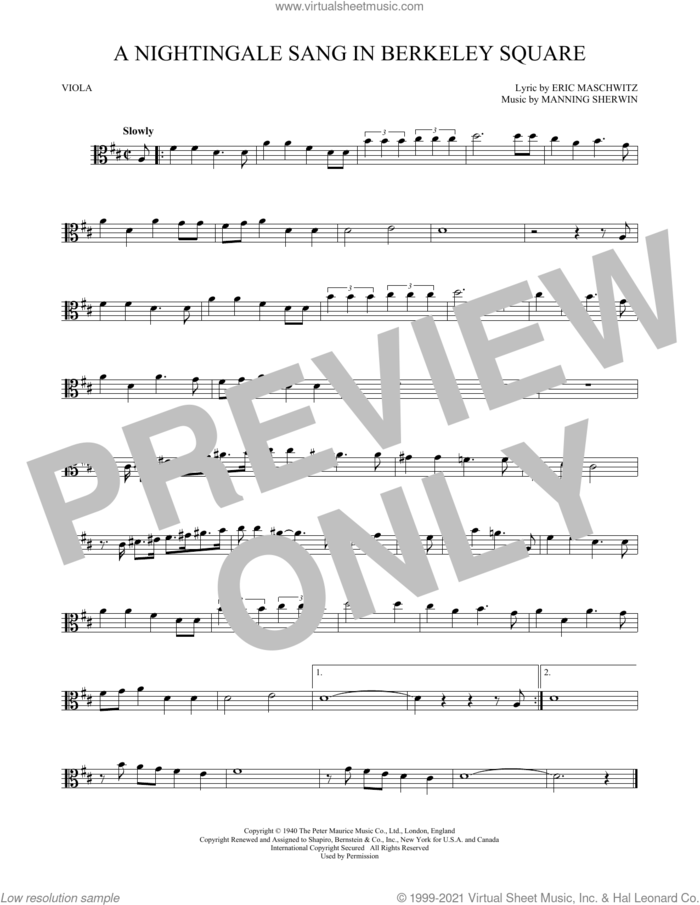 A Nightingale Sang In Berkeley Square sheet music for viola solo by Manning Sherwin and Eric Maschwitz, intermediate skill level