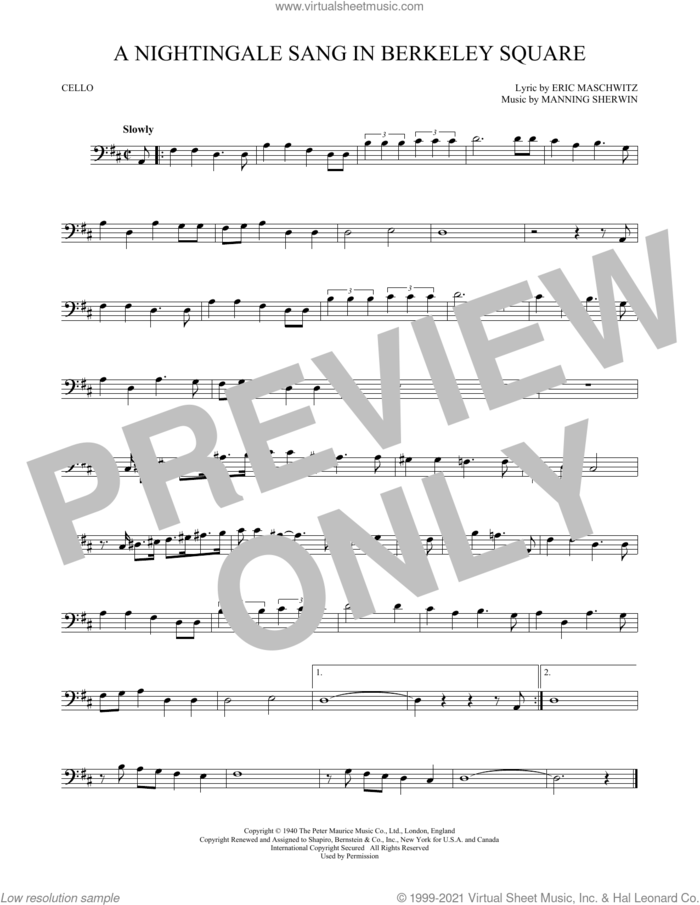 A Nightingale Sang In Berkeley Square sheet music for cello solo by Manning Sherwin and Eric Maschwitz, intermediate skill level