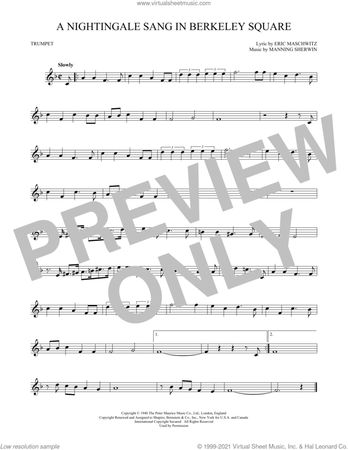 A Nightingale Sang In Berkeley Square sheet music for trumpet solo by Manning Sherwin and Eric Maschwitz, intermediate skill level