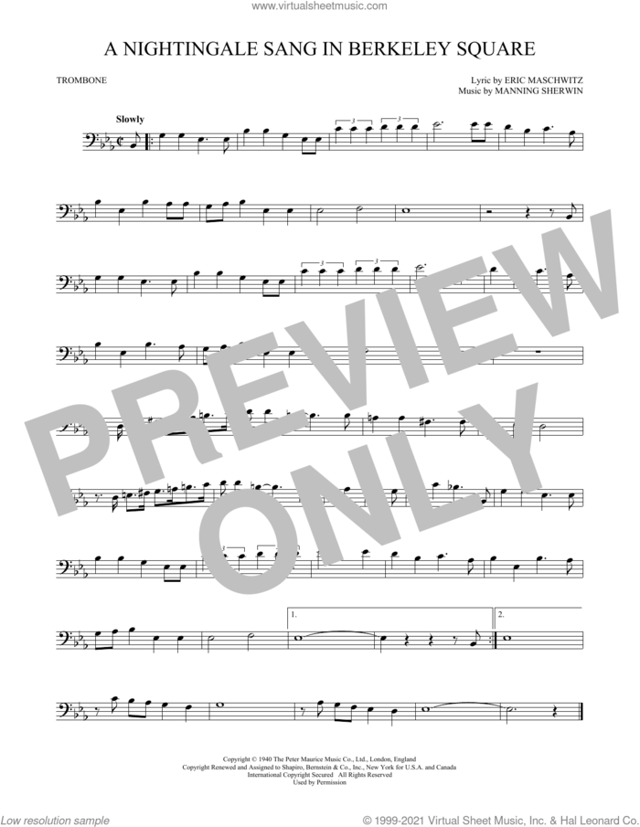 A Nightingale Sang In Berkeley Square sheet music for trombone solo by Manning Sherwin and Eric Maschwitz, intermediate skill level
