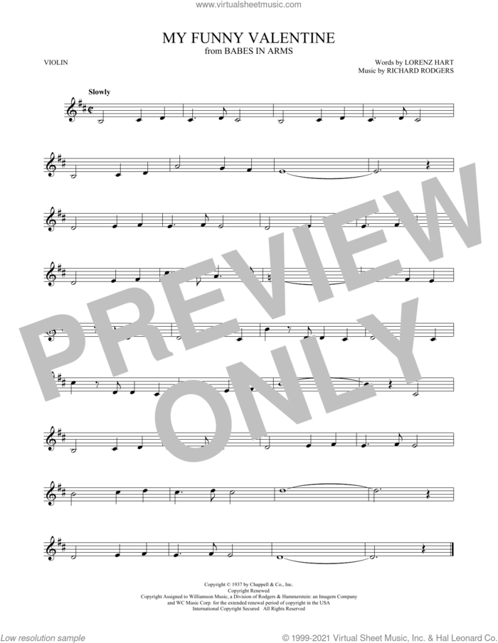 My Funny Valentine sheet music for violin solo by Richard Rodgers, Lorenz Hart and Rodgers & Hart, intermediate skill level