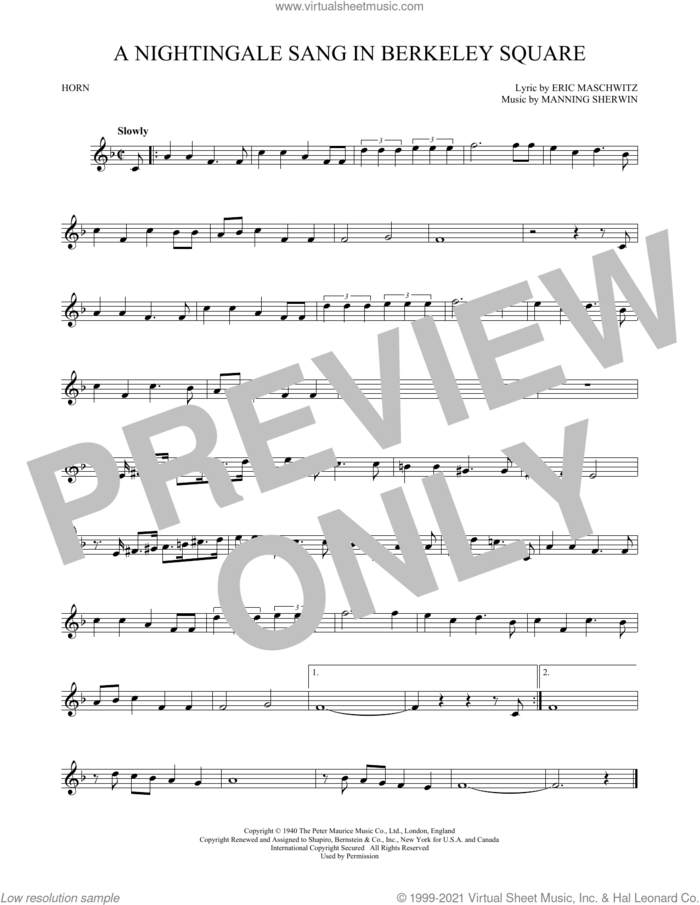 A Nightingale Sang In Berkeley Square sheet music for horn solo by Manning Sherwin and Eric Maschwitz, intermediate skill level