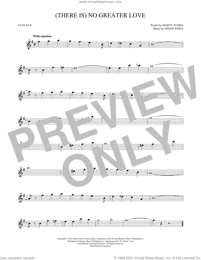 (There Is) No Greater Love sheet music for alto saxophone solo by Isham Jones and Marty Symes, intermediate skill level