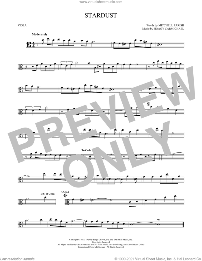 Stardust sheet music for viola solo by Hoagy Carmichael and Mitchell Parish, intermediate skill level