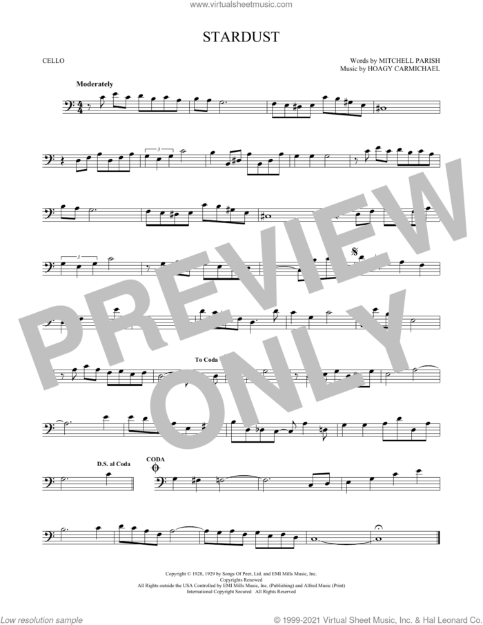 Stardust sheet music for cello solo by Hoagy Carmichael and Mitchell Parish, intermediate skill level