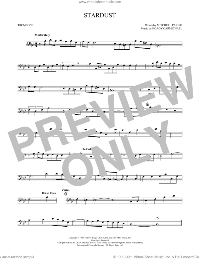 Stardust sheet music for trombone solo by Hoagy Carmichael and Mitchell Parish, intermediate skill level