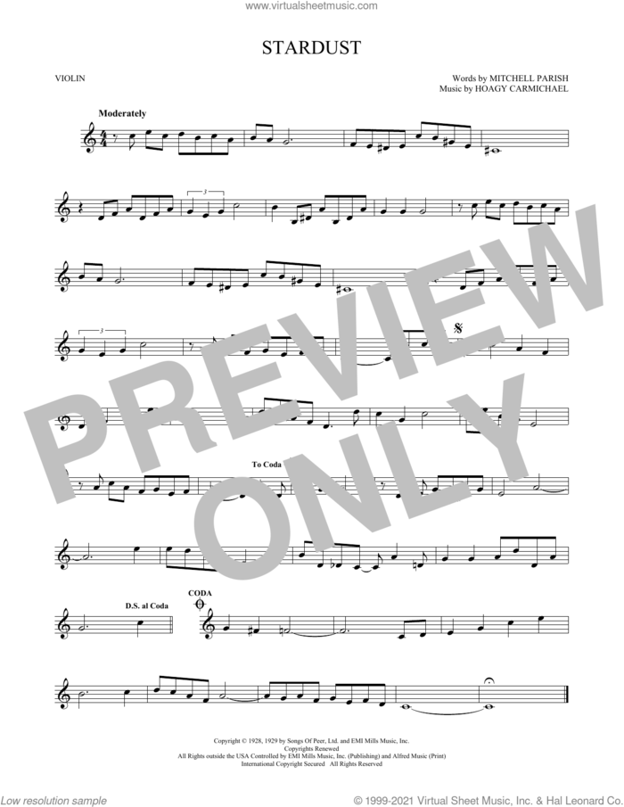 Stardust sheet music for violin solo by Hoagy Carmichael and Mitchell Parish, intermediate skill level