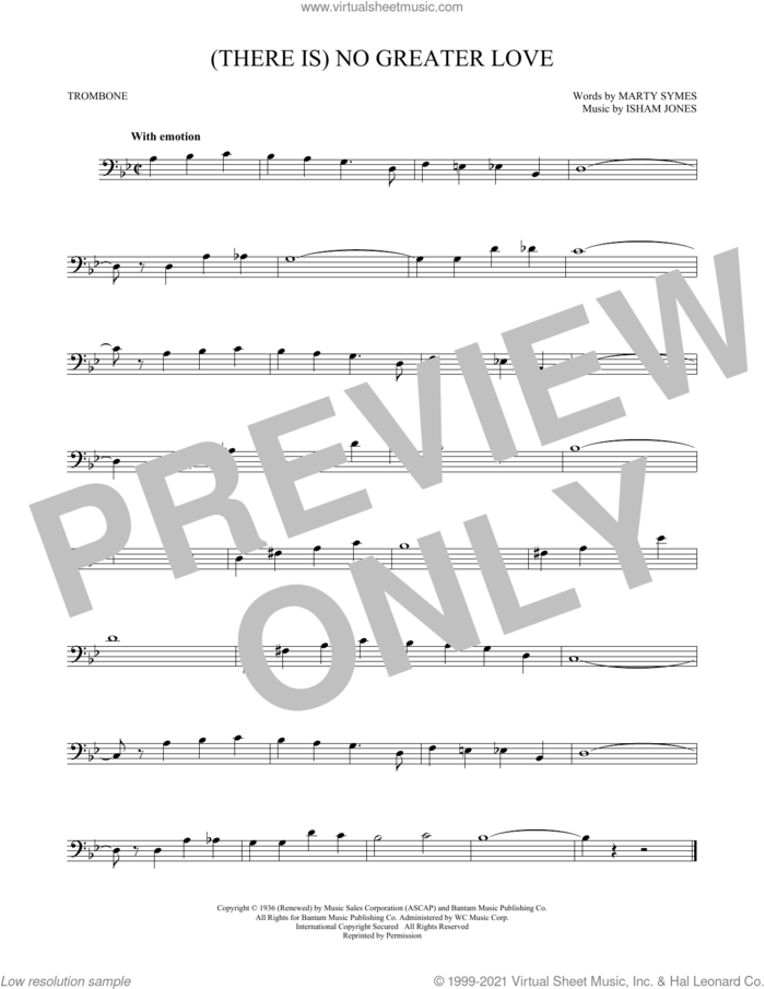 (There Is) No Greater Love sheet music for trombone solo by Isham Jones and Marty Symes, intermediate skill level