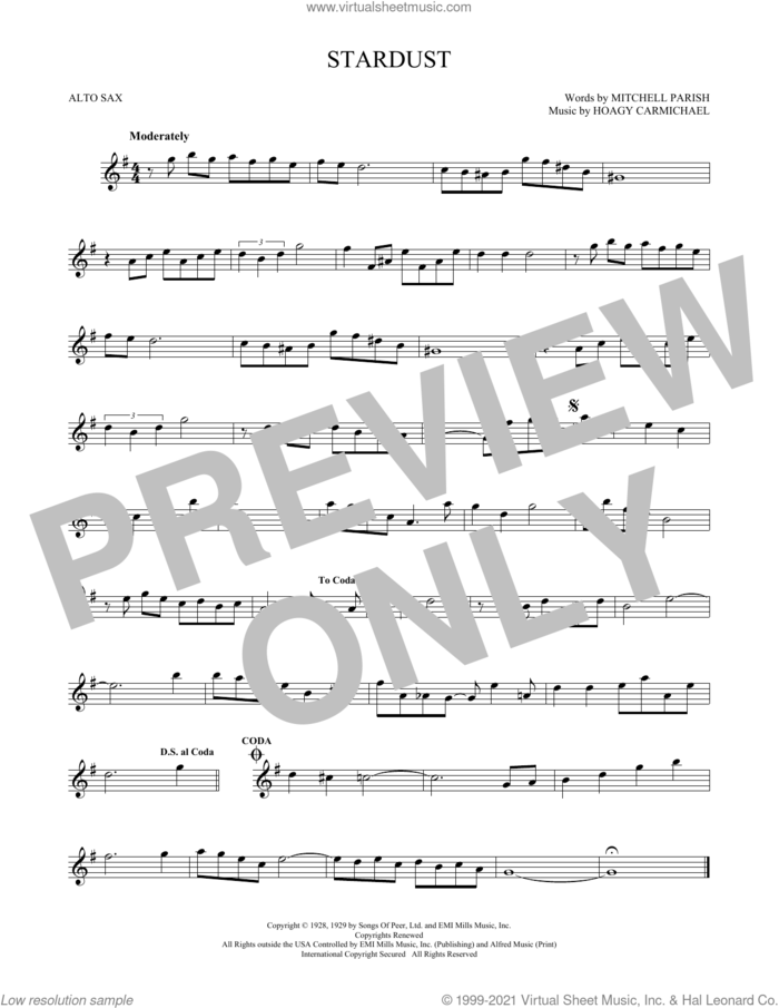 Stardust sheet music for alto saxophone solo by Hoagy Carmichael and Mitchell Parish, intermediate skill level