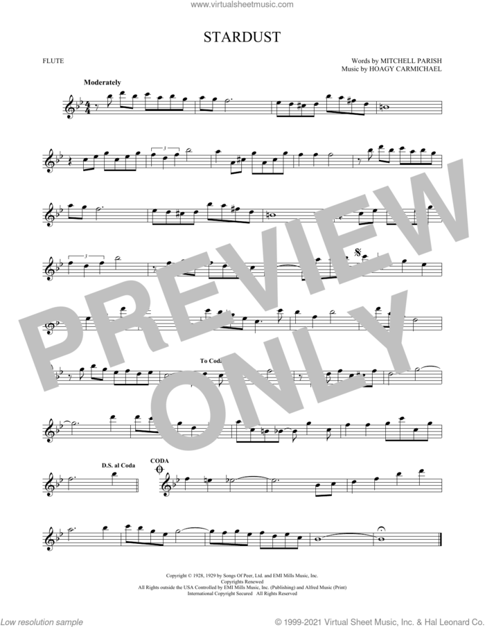 Stardust sheet music for flute solo by Hoagy Carmichael and Mitchell Parish, intermediate skill level