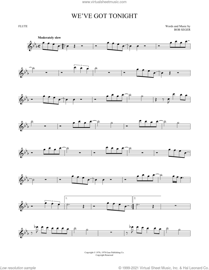 We've Got Tonight sheet music for flute solo by Bob Seger, intermediate skill level