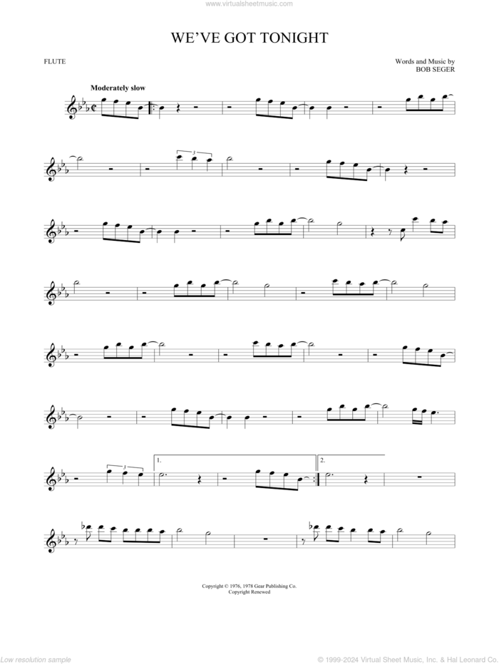 We've Got Tonight sheet music for flute solo by Bob Seger, intermediate skill level