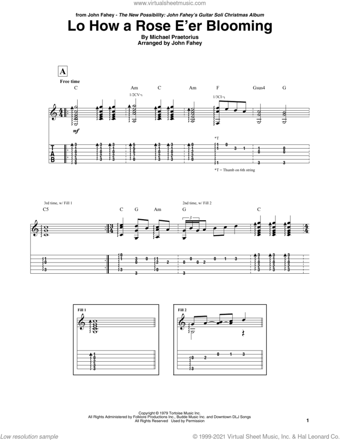 Lo How A Rose E'er Blooming sheet music for guitar (tablature) by John Fahey and Michael Praetorius, intermediate skill level