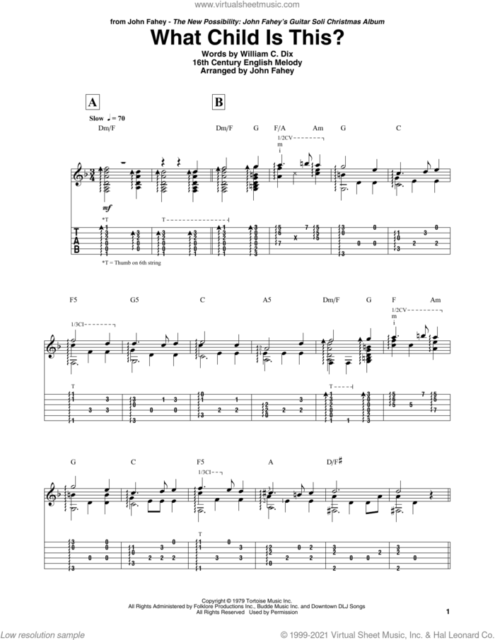 What Child Is This? sheet music for guitar (tablature) by John Fahey, Miscellaneous and William Chatterton Dix, intermediate skill level