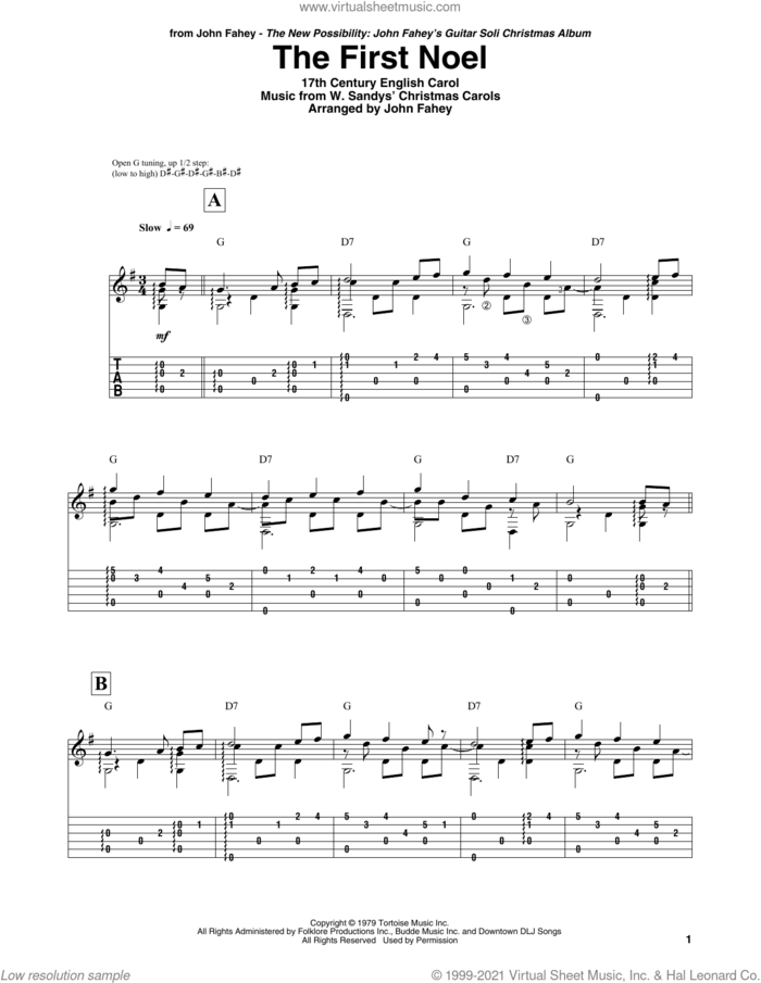 The First Noel sheet music for guitar (tablature) by John Fahey and Miscellaneous, intermediate skill level