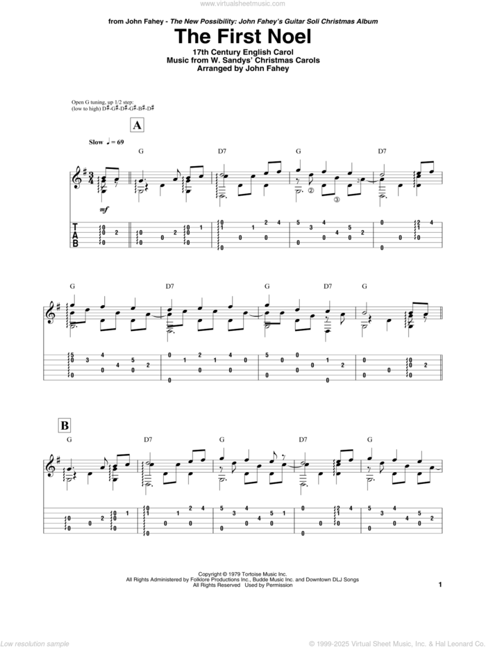 The First Noel sheet music for guitar (tablature) by John Fahey and Miscellaneous, intermediate skill level