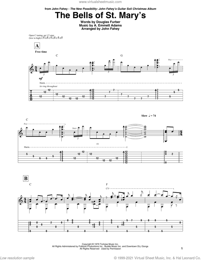 The Bells Of St. Mary's sheet music for guitar (tablature) by John Fahey, A. Emmett Adams and Douglas Furber, intermediate skill level