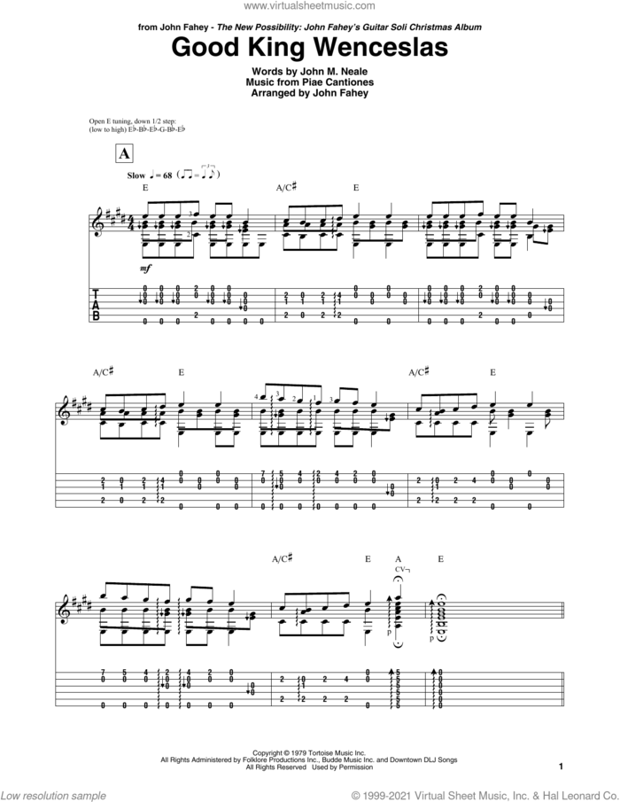 Good King Wenceslas sheet music for guitar (tablature) by John Fahey, John Mason Neale and Piae Cantiones, intermediate skill level