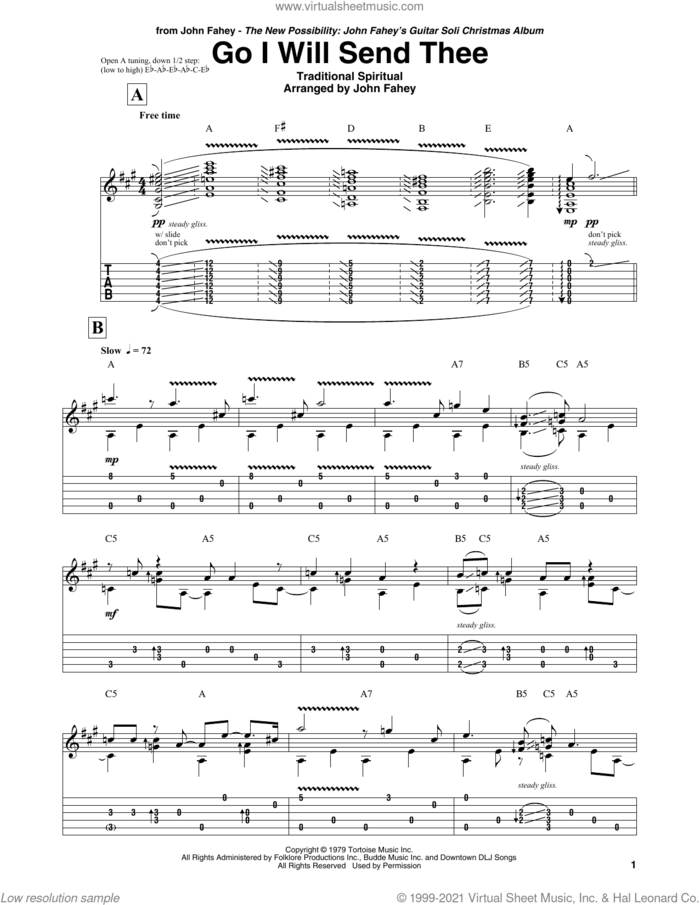 Go I Will Send Thee sheet music for guitar (tablature) by John Fahey and Miscellaneous, intermediate skill level