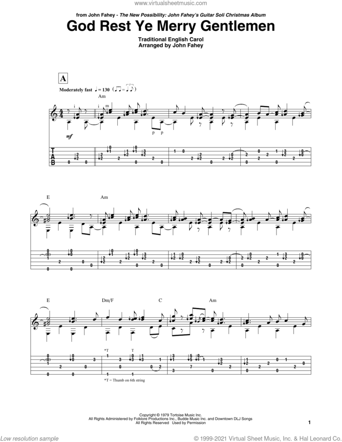 God Rest Ye Merry Gentlemen sheet music for guitar (tablature) by John Fahey and Miscellaneous, intermediate skill level